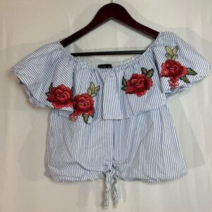 Parisian Off Shoulder Top‎ Women’s S Striped Rose Embroidered Blouse